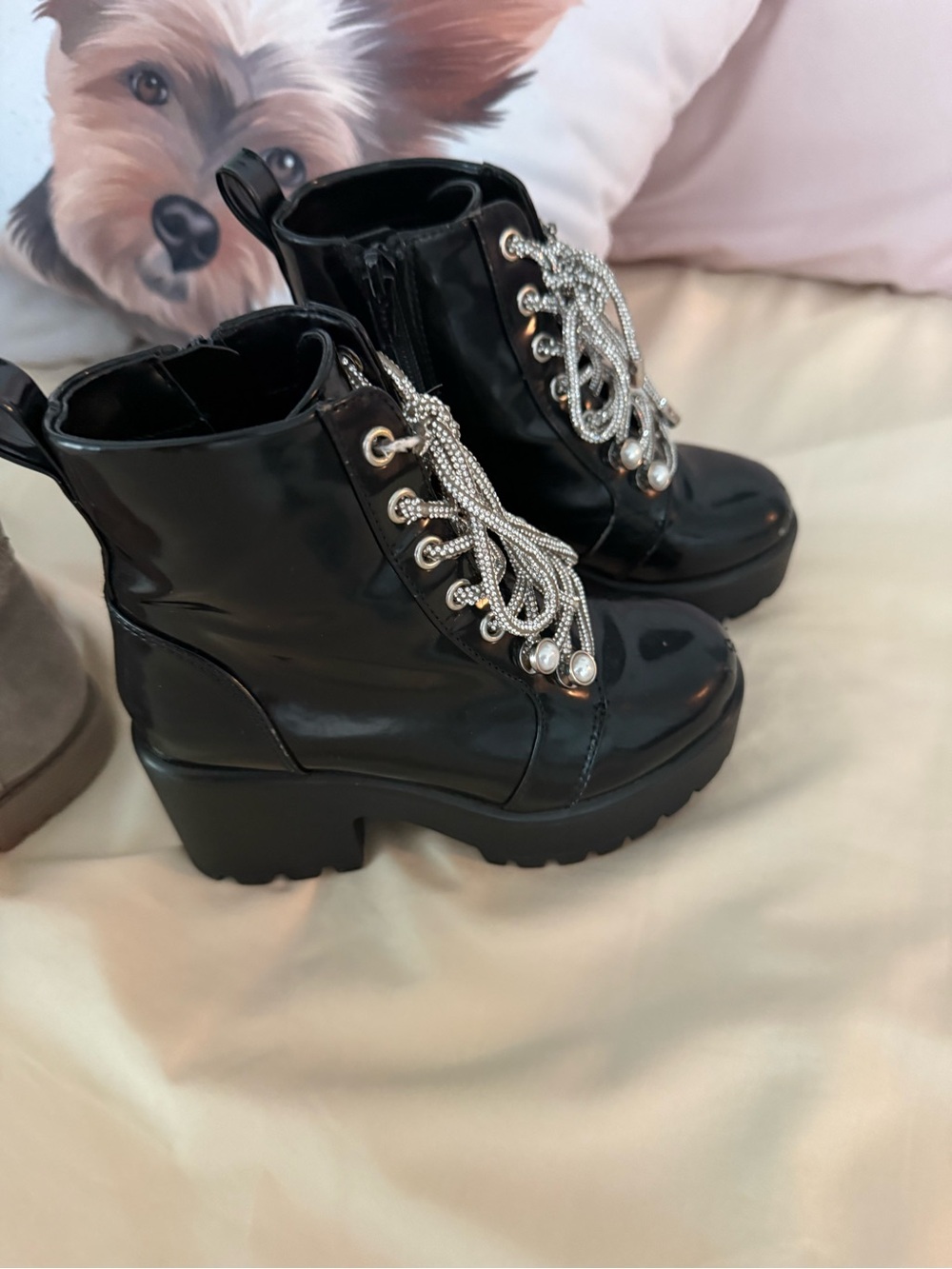 GB girls Black Patent Chunky Lace-Up Platform Boots with Silver Accents